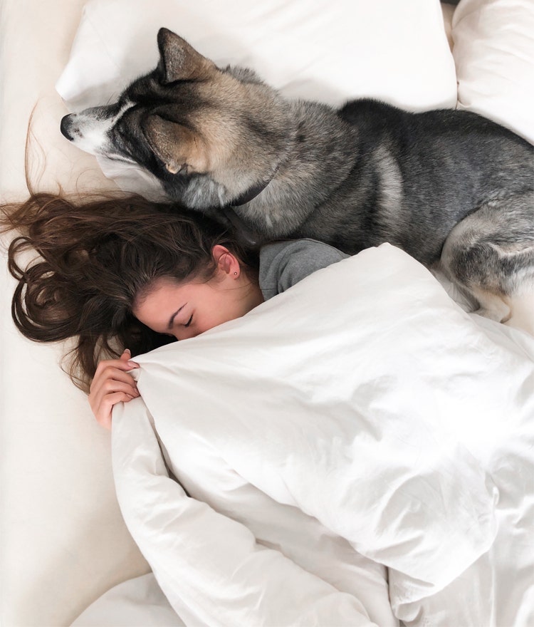 Woman and god sleeping peacefully in bed